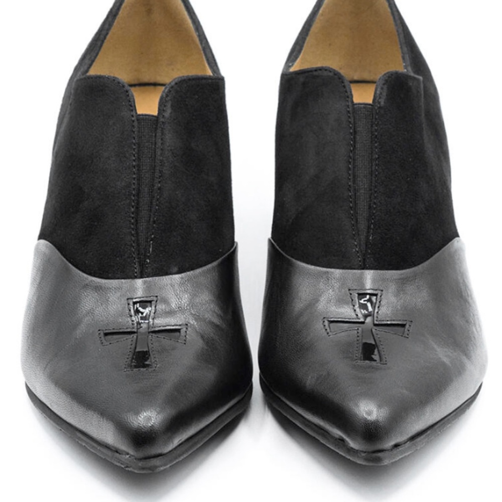 John Fluevog Black Cross Detail Heeled Boots